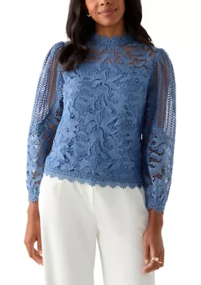 Women's Long Sleeve Floral Crochet Mock Neck Blouse