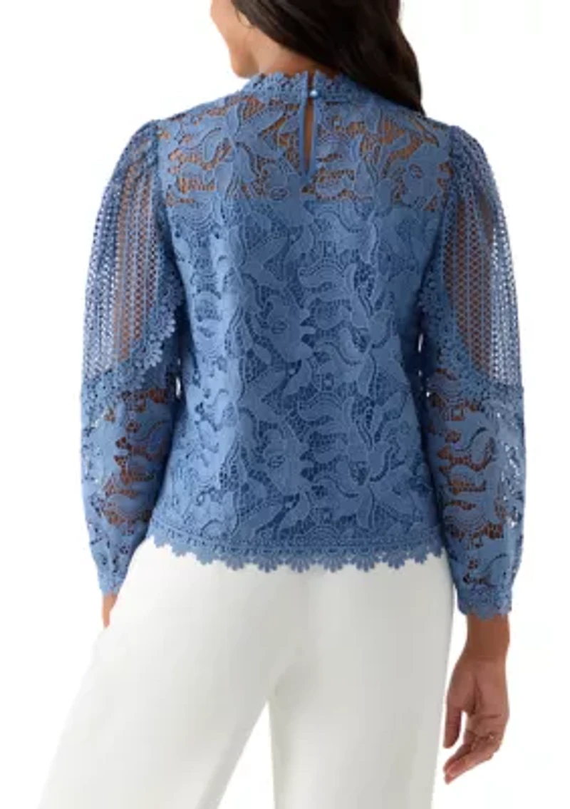 Women's Long Sleeve Floral Crochet Mock Neck Blouse
