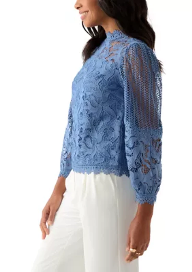 Women's Long Sleeve Floral Crochet Mock Neck Blouse