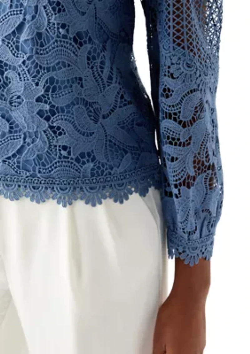 Women's Long Sleeve Floral Crochet Mock Neck Blouse