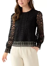 Women's Long Sleeve Crew Neck Lace Blouse