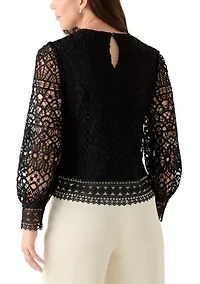Women's Long Sleeve Crew Neck Lace Blouse