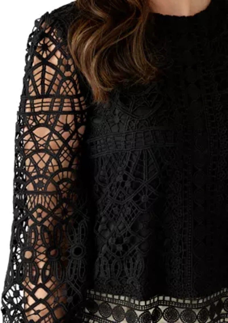 Women's Long Sleeve Crew Neck Lace Blouse
