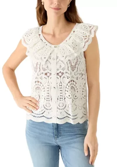 Women's Sleeveless Ruffle Neck Button Front Crochet Top