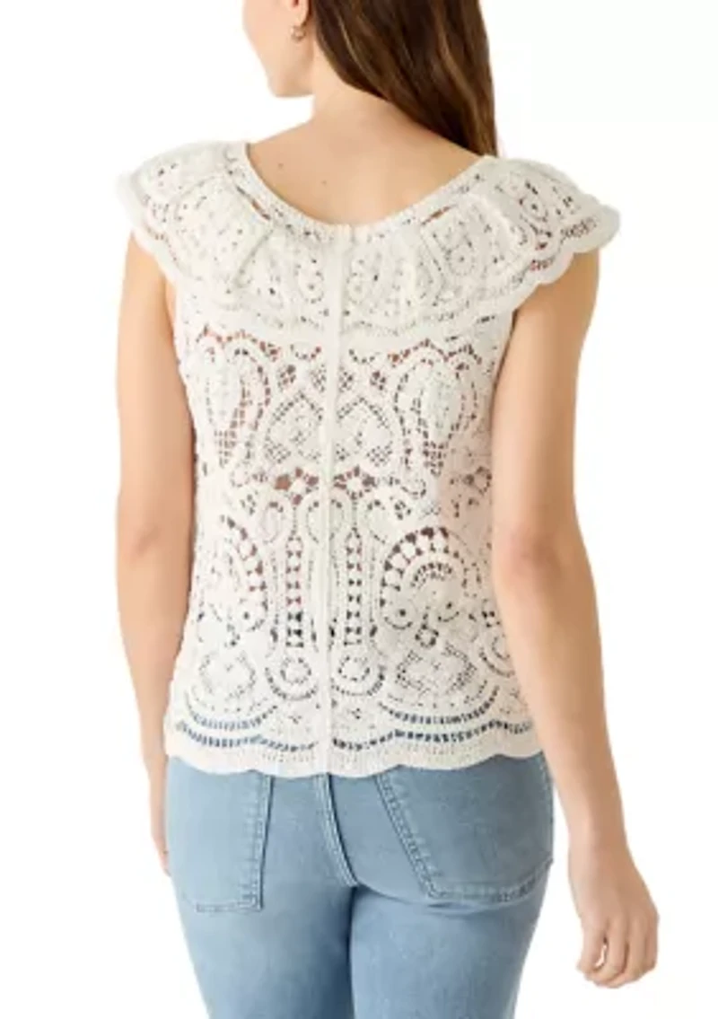 Women's Sleeveless Ruffle Neck Button Front Crochet Top