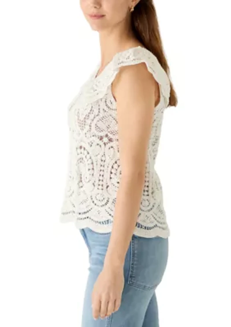 Women's Sleeveless Ruffle Neck Button Front Crochet Top