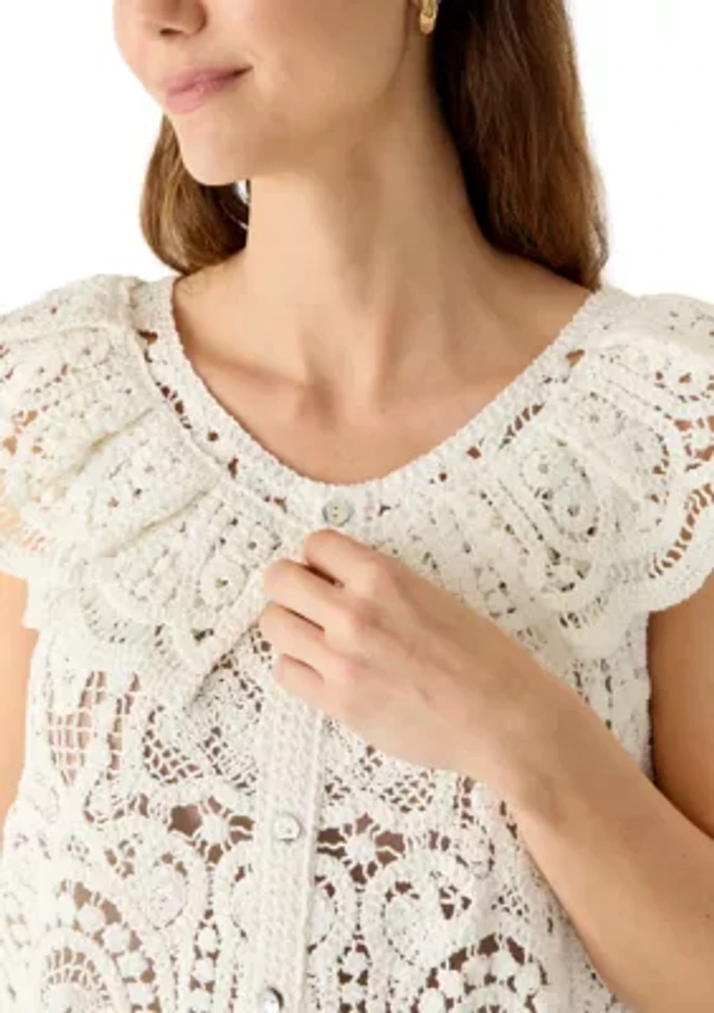 Women's Sleeveless Ruffle Neck Button Front Crochet Top