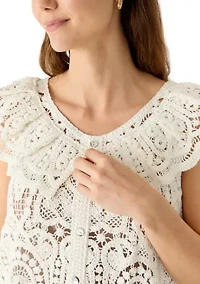 Women's Sleeveless Ruffle Neck Button Front Crochet Top