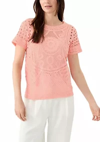 Women's Short Sleeve Crew Neck Boxy Crochet Top