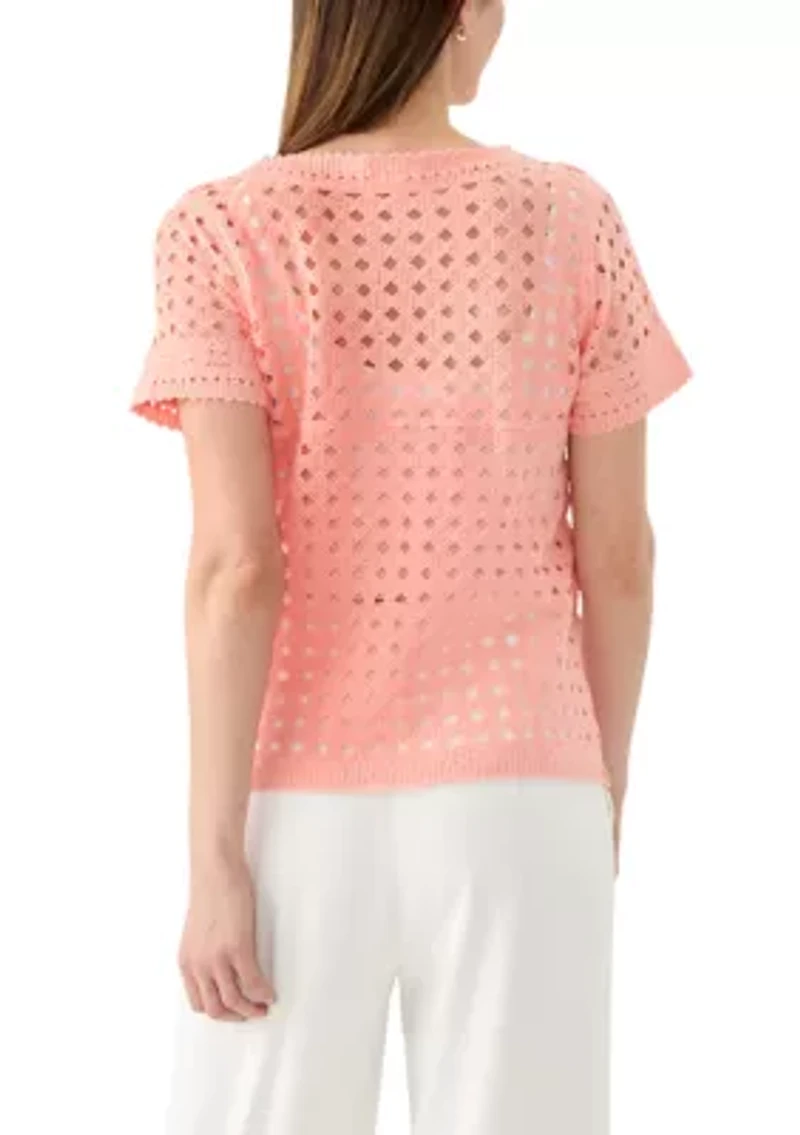 Women's Short Sleeve Crew Neck Boxy Crochet Top