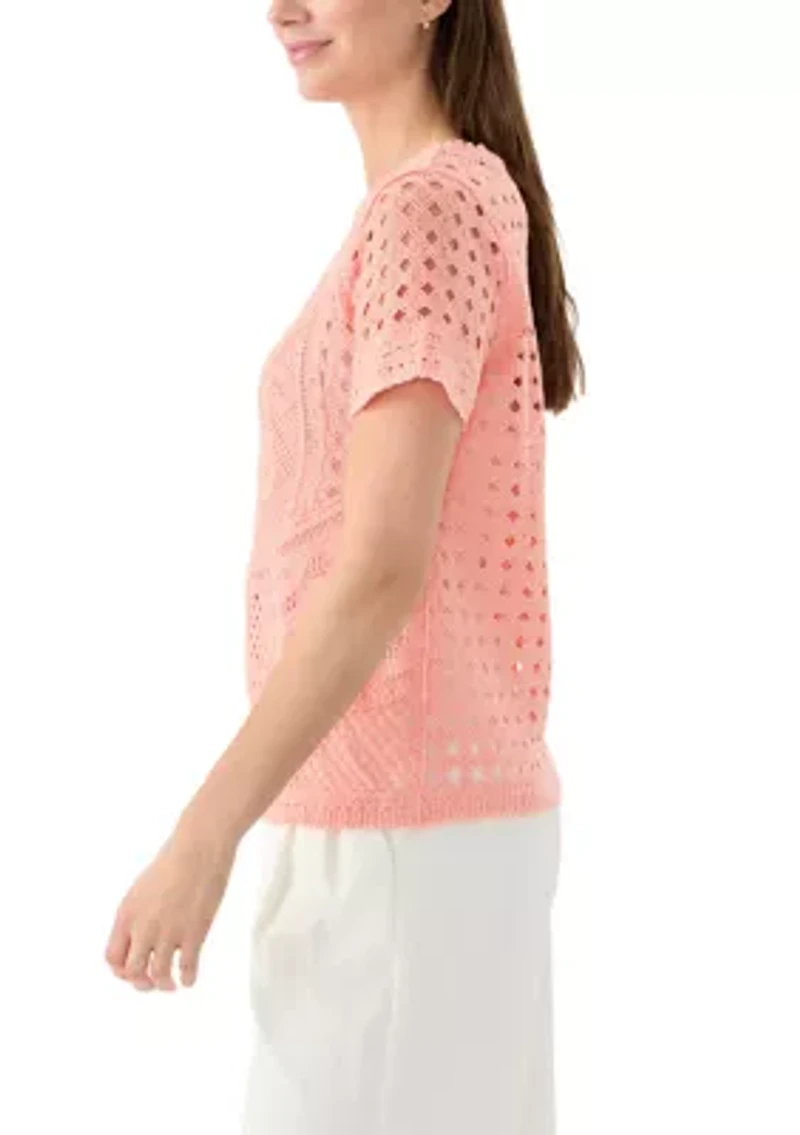 Women's Short Sleeve Crew Neck Boxy Crochet Top