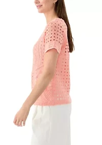Women's Short Sleeve Crew Neck Boxy Crochet Top