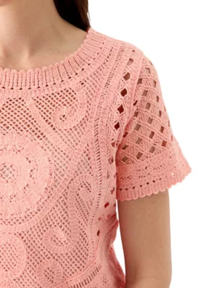Women's Short Sleeve Crew Neck Boxy Crochet Top