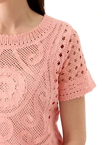 Women's Short Sleeve Crew Neck Boxy Crochet Top
