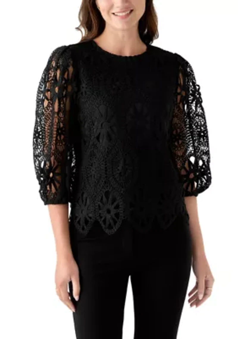 Women's Three-Quarter Sleeve Scallop Hem Crochet Top