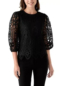Women's Three-Quarter Sleeve Scallop Hem Crochet Top