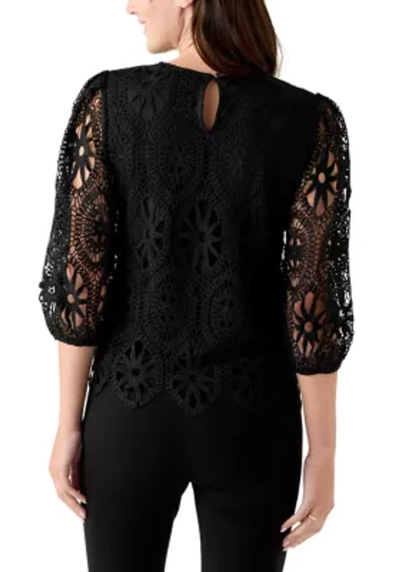 Women's Three-Quarter Sleeve Scallop Hem Crochet Top