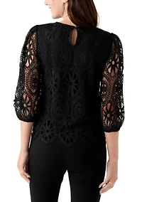 Women's Three-Quarter Sleeve Scallop Hem Crochet Top