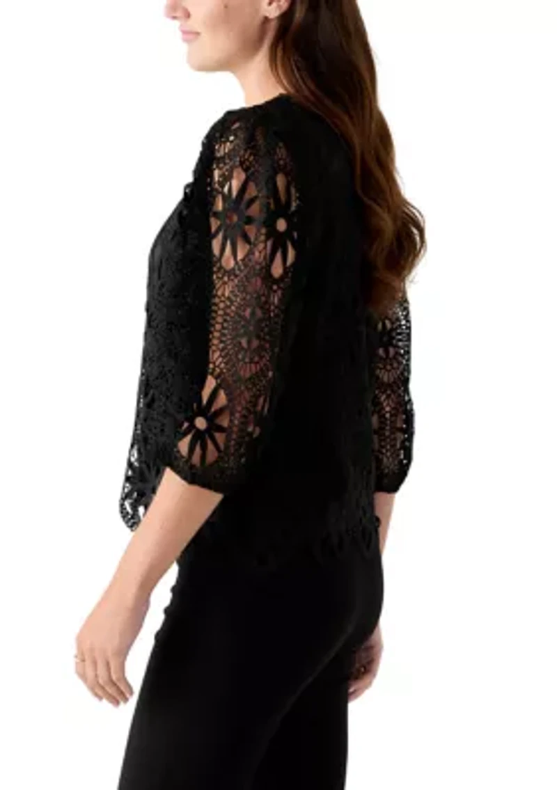 Women's Three-Quarter Sleeve Scallop Hem Crochet Top