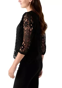 Women's Three-Quarter Sleeve Scallop Hem Crochet Top