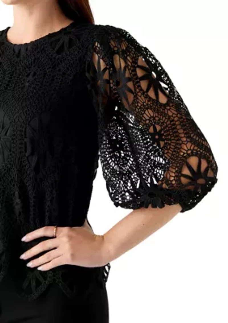 Women's Three-Quarter Sleeve Scallop Hem Crochet Top