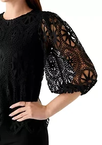 Women's Three-Quarter Sleeve Scallop Hem Crochet Top