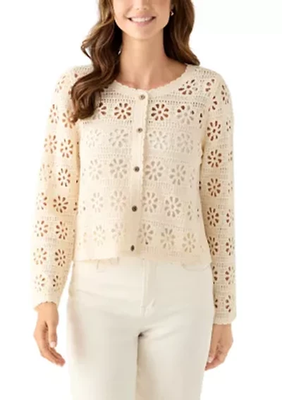 Women's Long Sleeve Button Front Crochet Knit Cardigan