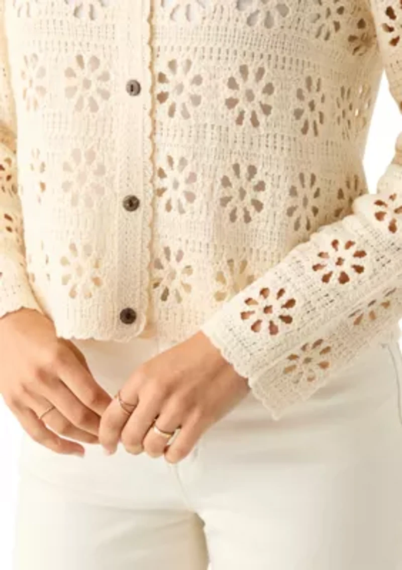 Women's Long Sleeve Button Front Crochet Knit Cardigan