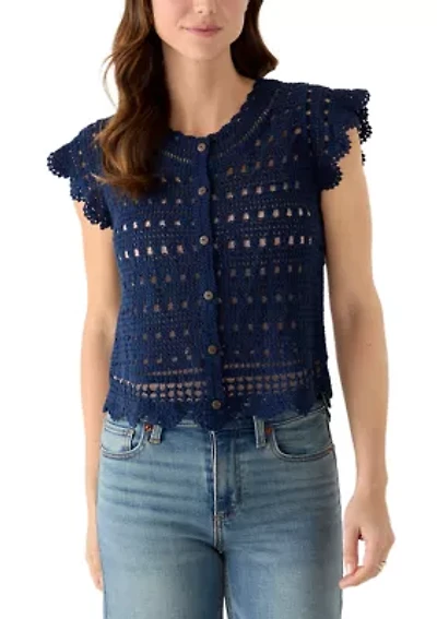 Women's Flutter Sleeve Button Front Crochet Top