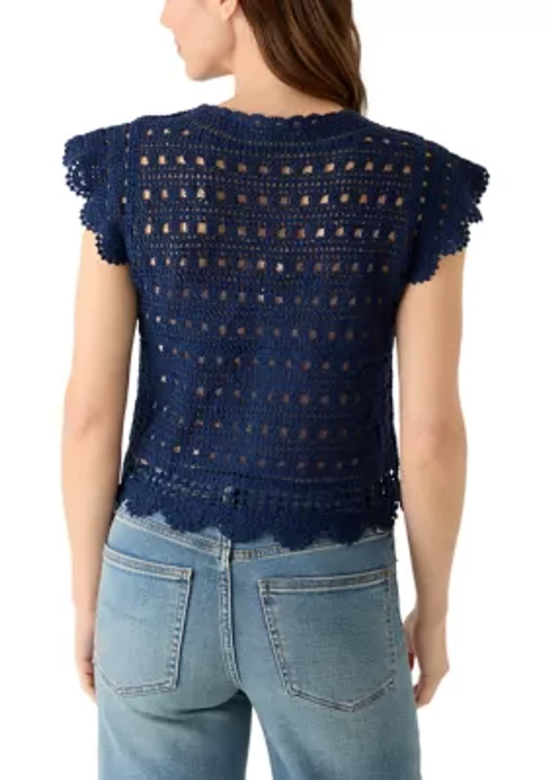 Women's Flutter Sleeve Button Front Crochet Top