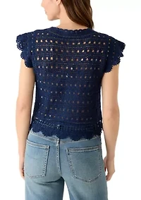 Women's Flutter Sleeve Button Front Crochet Top