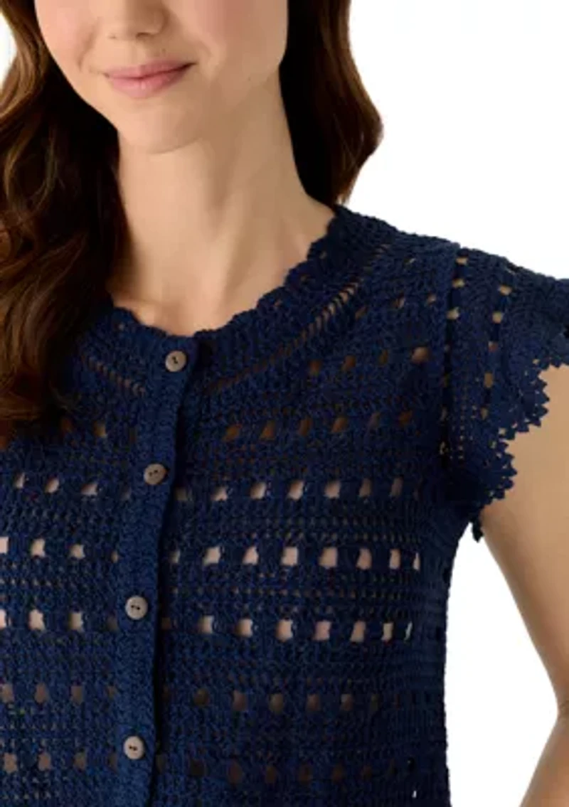 Women's Flutter Sleeve Button Front Crochet Top