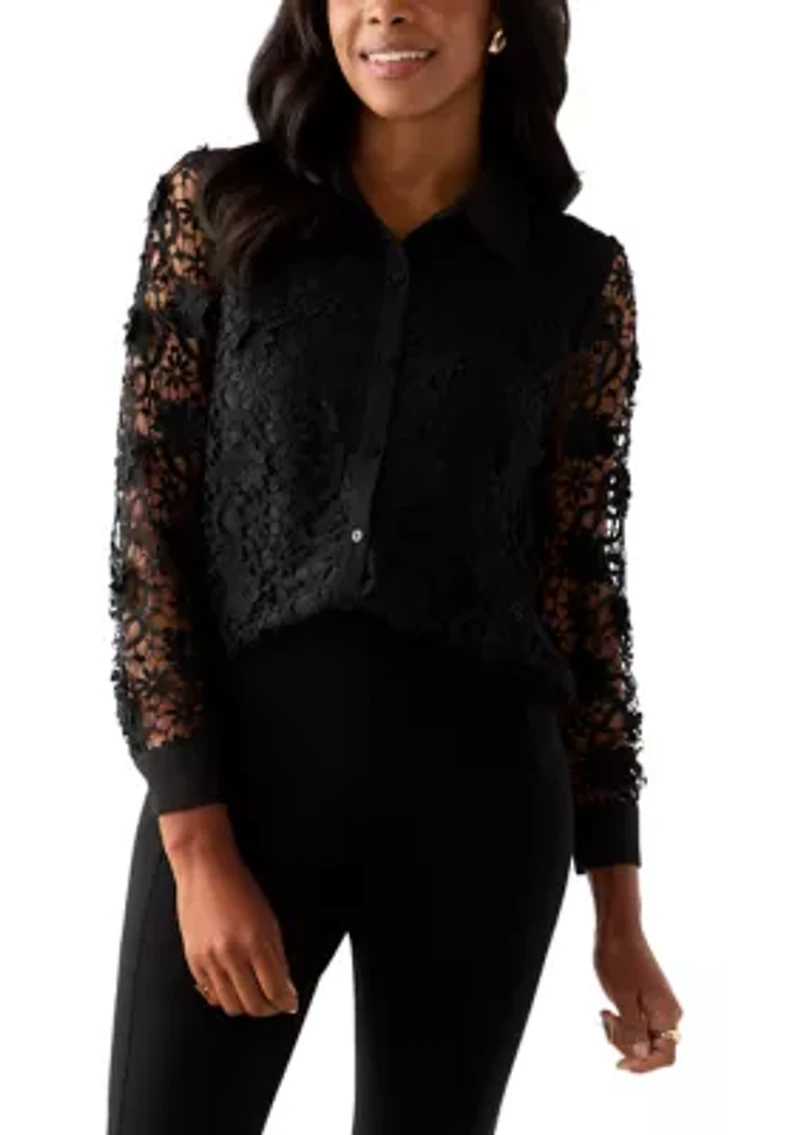 Women's Long Sleeve Floral Crochet Button Front Collared Shirt