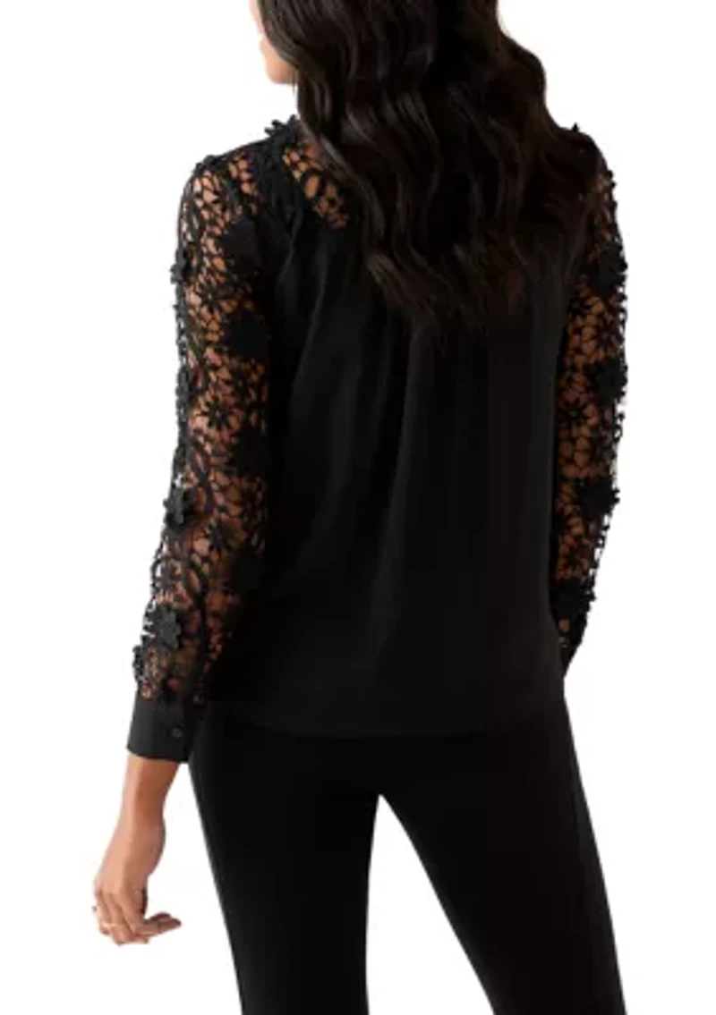 Women's Long Sleeve Floral Crochet Button Front Collared Shirt