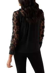 Women's Long Sleeve Floral Crochet Button Front Collared Shirt