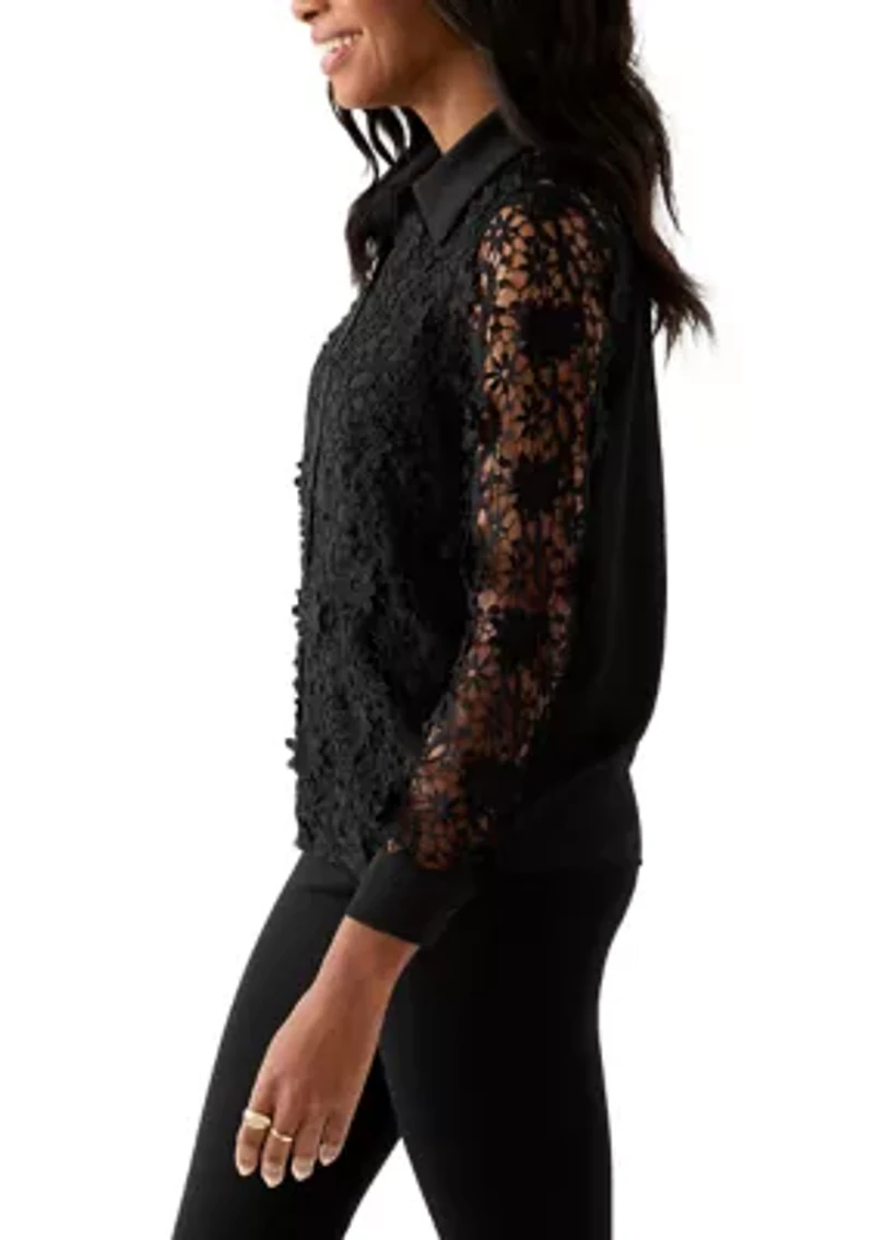 Women's Long Sleeve Floral Crochet Button Front Collared Shirt