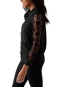 Women's Long Sleeve Floral Crochet Button Front Collared Shirt