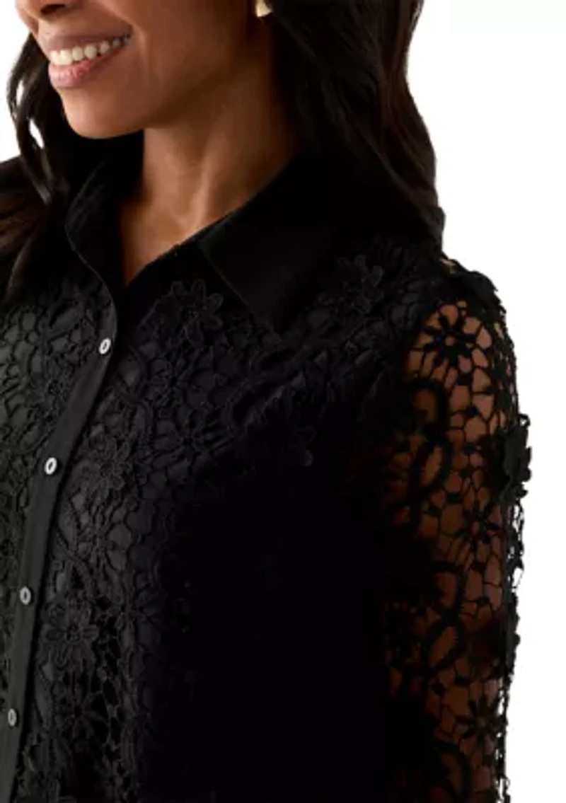 Women's Long Sleeve Floral Crochet Button Front Collared Shirt