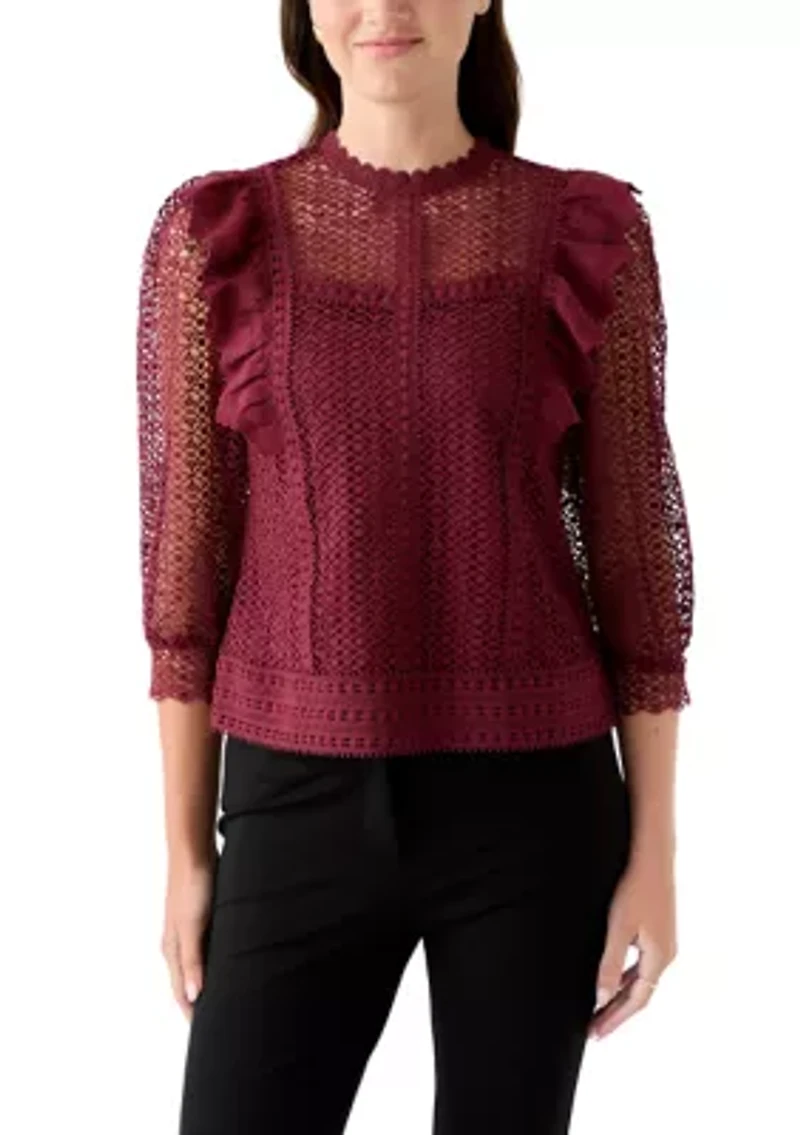 Women's Three Quarter Sleeve Fluff Front Crochet Blouse