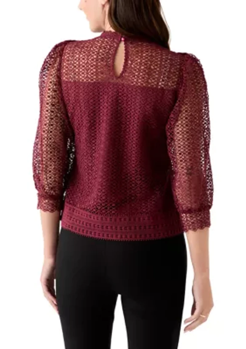 Women's Three Quarter Sleeve Fluff Front Crochet Blouse