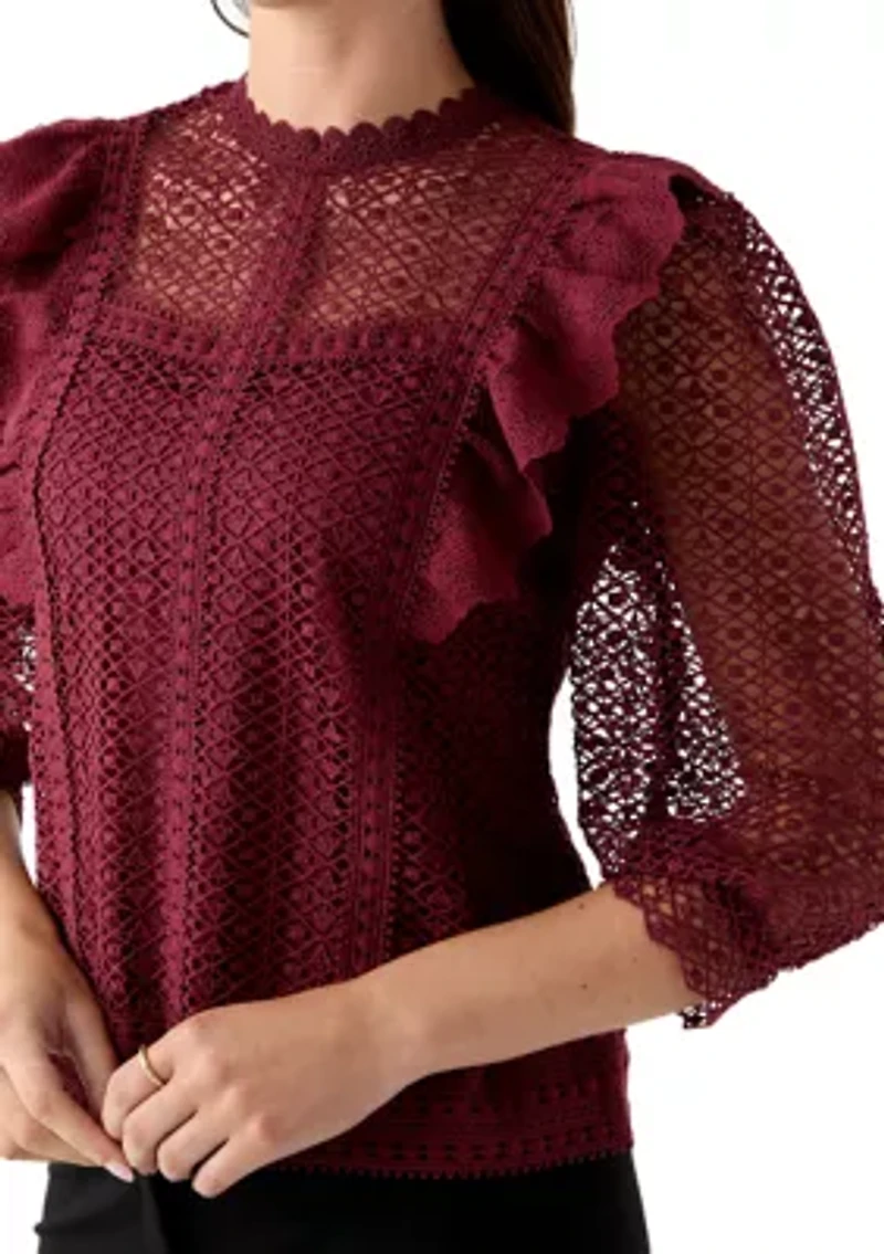 Women's Three Quarter Sleeve Fluff Front Crochet Blouse