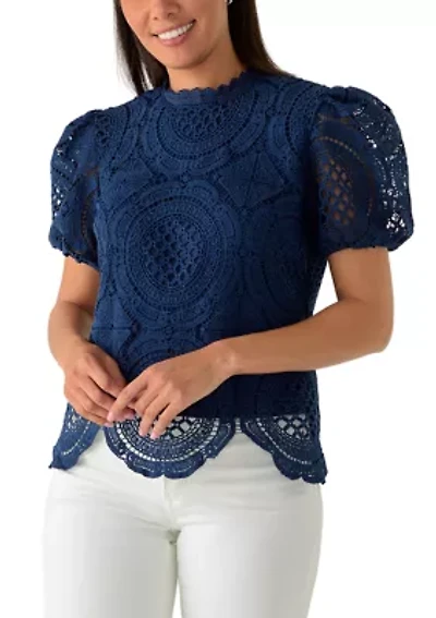 Women's Puff Sleeve Scallop Hem Crochet Top