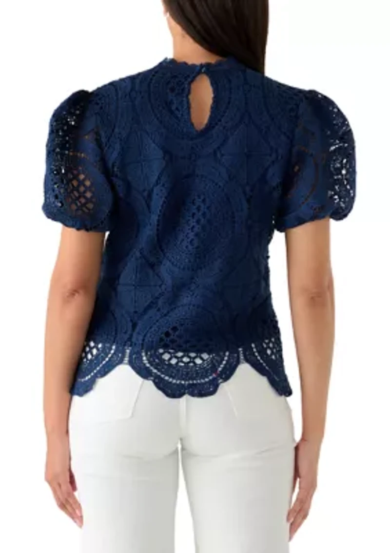Women's Puff Sleeve Scallop Hem Crochet Top