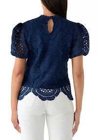 Women's Puff Sleeve Scallop Hem Crochet Top