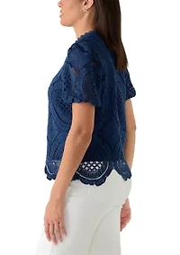 Women's Puff Sleeve Scallop Hem Crochet Top