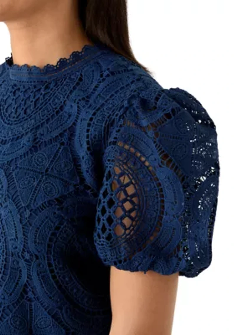 Women's Puff Sleeve Scallop Hem Crochet Top