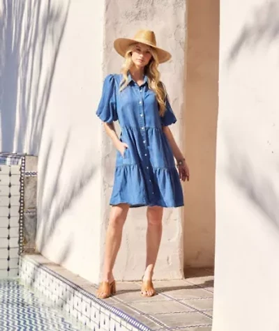 Puff Sleeve Tiered Shirtdress