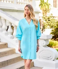 Lantern Sleeve Pearl Button Dress
