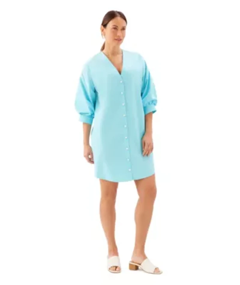 Lantern Sleeve Pearl Button Dress