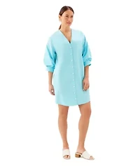 Lantern Sleeve Pearl Button Dress
